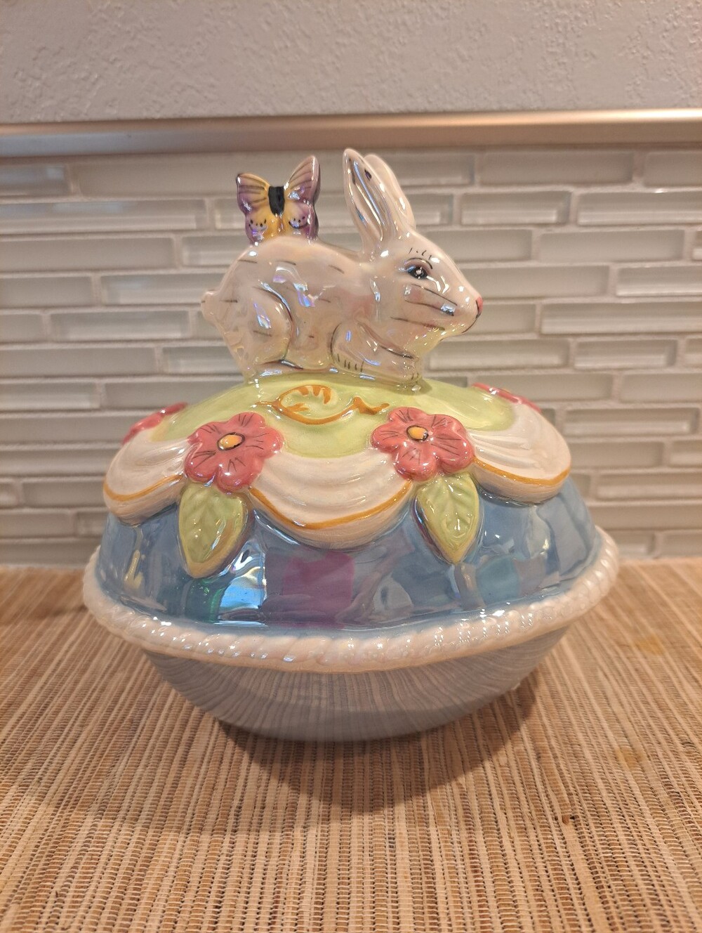 Luster Egg Dish w/Easter Rabbit Ceramic Blue Sky Clayworks